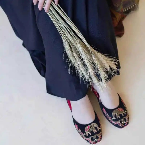 Majestic Elephant Motif Khussa – Black Velvet & Gold Zari Elegance