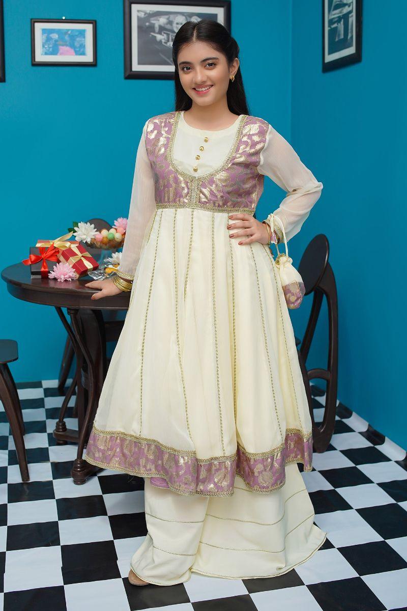 KIDS CHIFFON STITCHED 3 PIECE DRESS