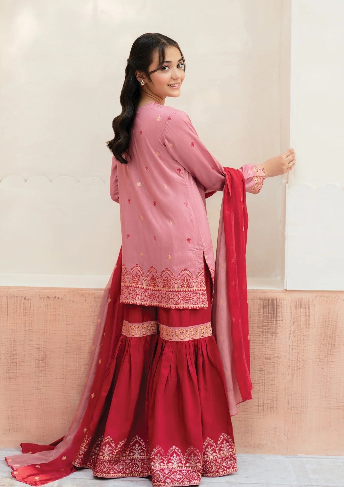 Elegant Pink Gharara Set for Girls – 3 Piece Eastern Wear with Silk Dupatta