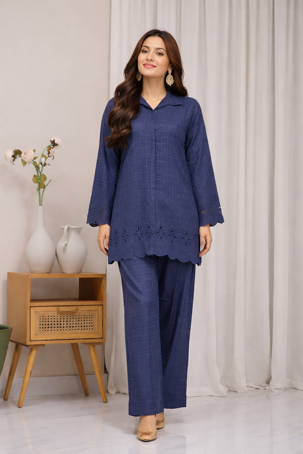 Blue Cotton Jacquard 3-Piece Stitched Co-Ord Set with Embroidered Kurti & Schiffli Work
