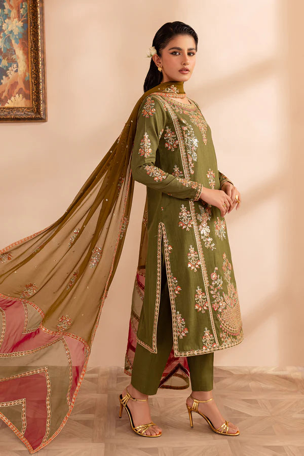 EMBROIDERED KHADDAR STITCHED 3 PIECE DRESS