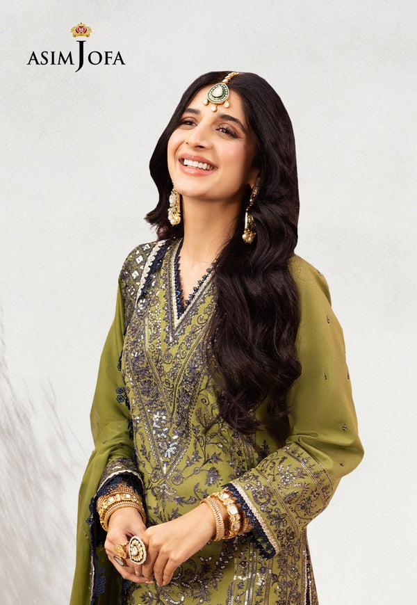 Fresh Green Embroidered 3-Piece Set β Navy & Gold Threadwork with Dupatta
