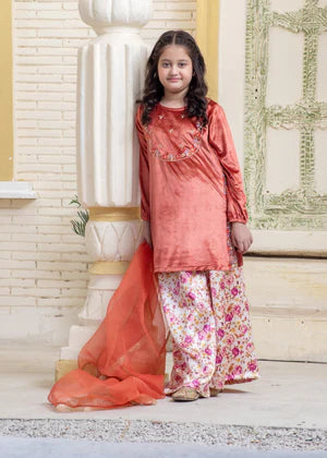 EMBROIDERED VELVET STITCHED 3 PIECE KIDS SHARARA DRESS