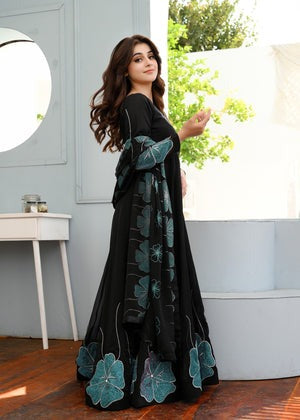 Moonlight Black Flared Maxi Ensemble with Handmade Embroidery - This outfit is perfect for Eid celebrations in Australia