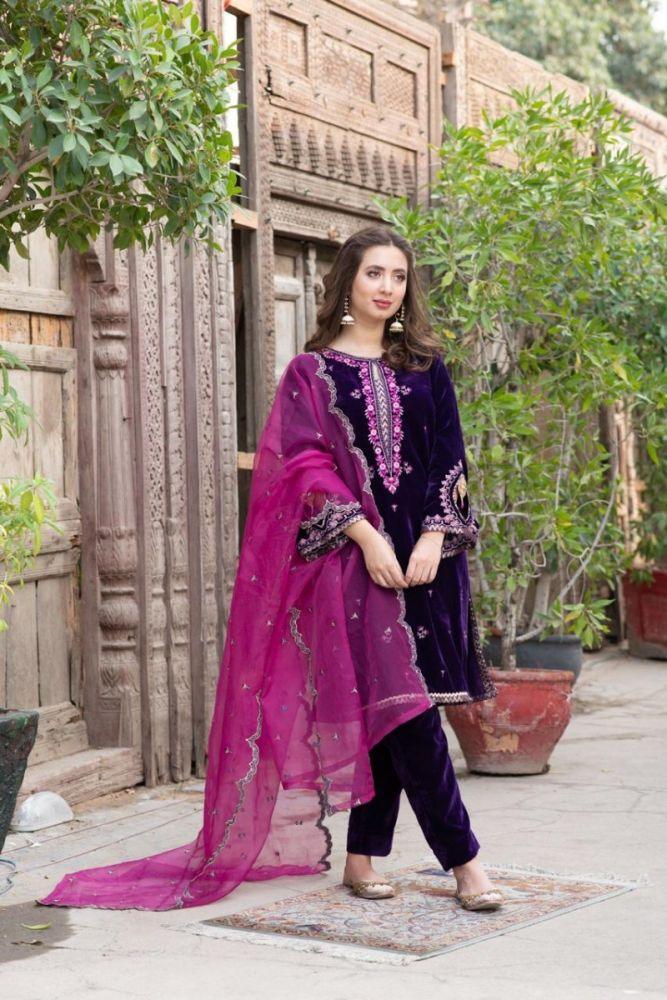 EMBROIDERED VELVET STITCHED 3 DRESS