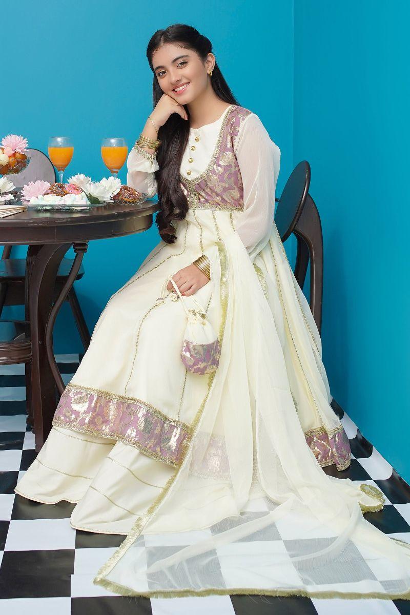 KIDS CHIFFON STITCHED 3 PIECE DRESS
