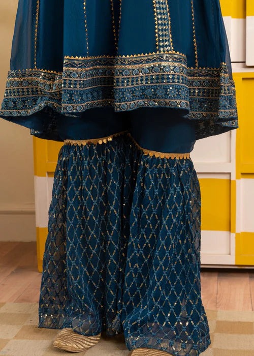 Teal Blue Embroidered Frock-Style Kurta with Trouser & Chiffon Dupatta – 3 Piece Festive Wear