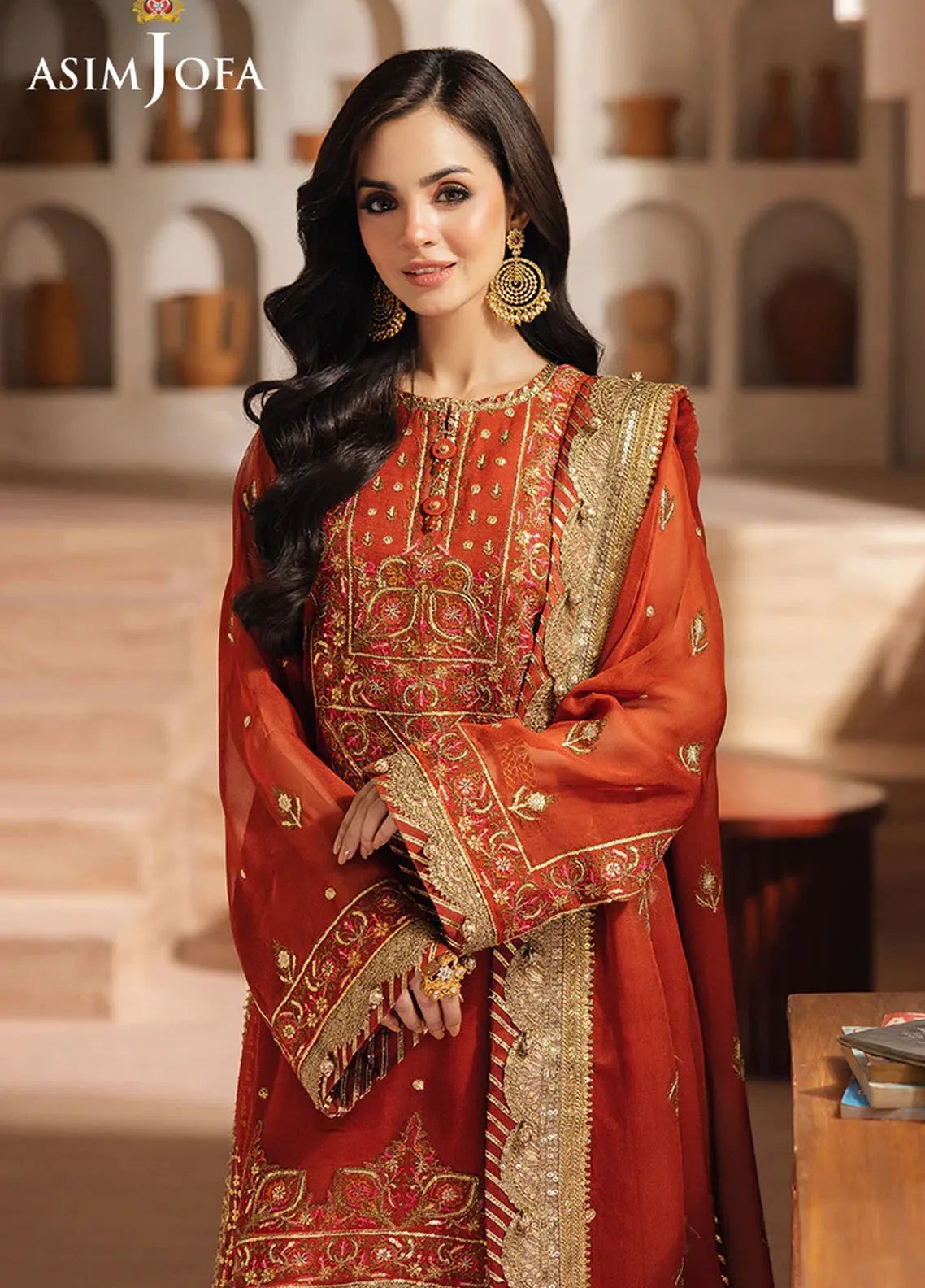 Rust & Gold Embroidered 3-Piece Ensemble with Chiffon Dupatta