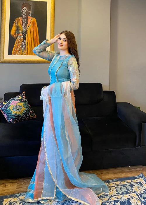 EMBROIDERED ORGANZA STITCHED 3 PIECE SHARARA DRESS