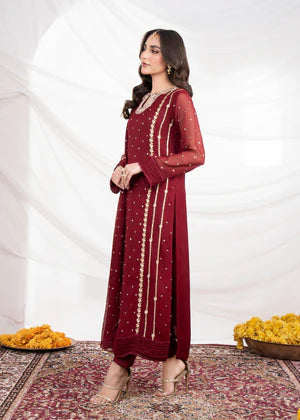 EMBROIDERED CHIFFON STITCHED 3 PIECE DRESS