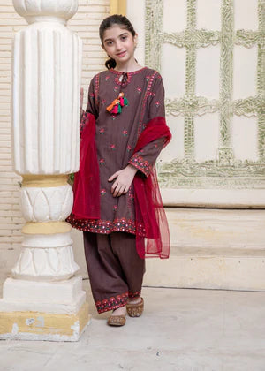 EMBROIDERED KHADDAR STITCHED 3 PIECE KIDS DRESS
