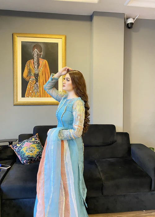 EMBROIDERED ORGANZA STITCHED 3 PIECE SHARARA DRESS