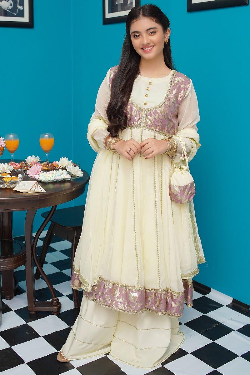 KIDS CHIFFON STITCHED 3 PIECE DRESS