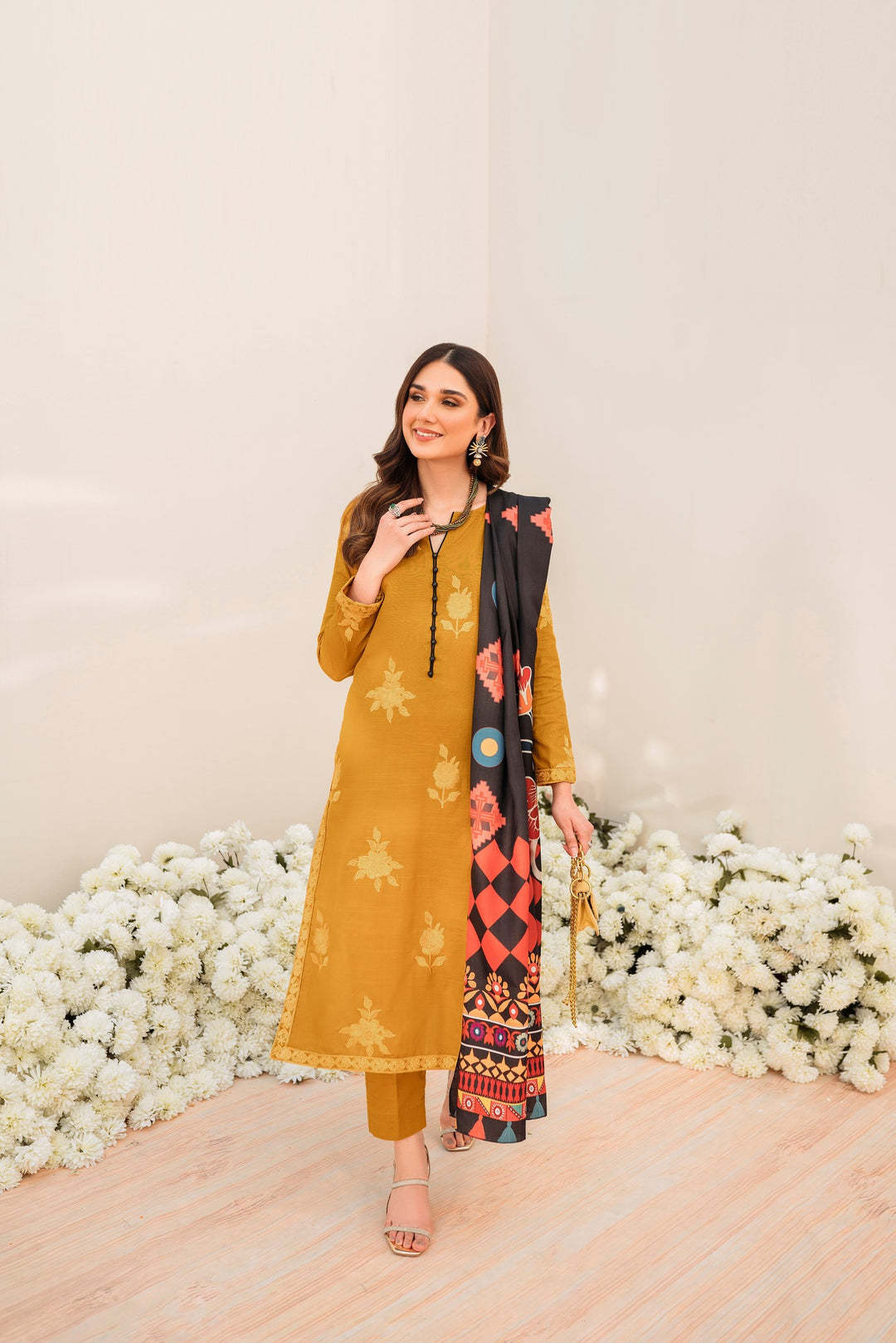 PRINTED KHADDAR STITCHED 3 PIECE DRESS