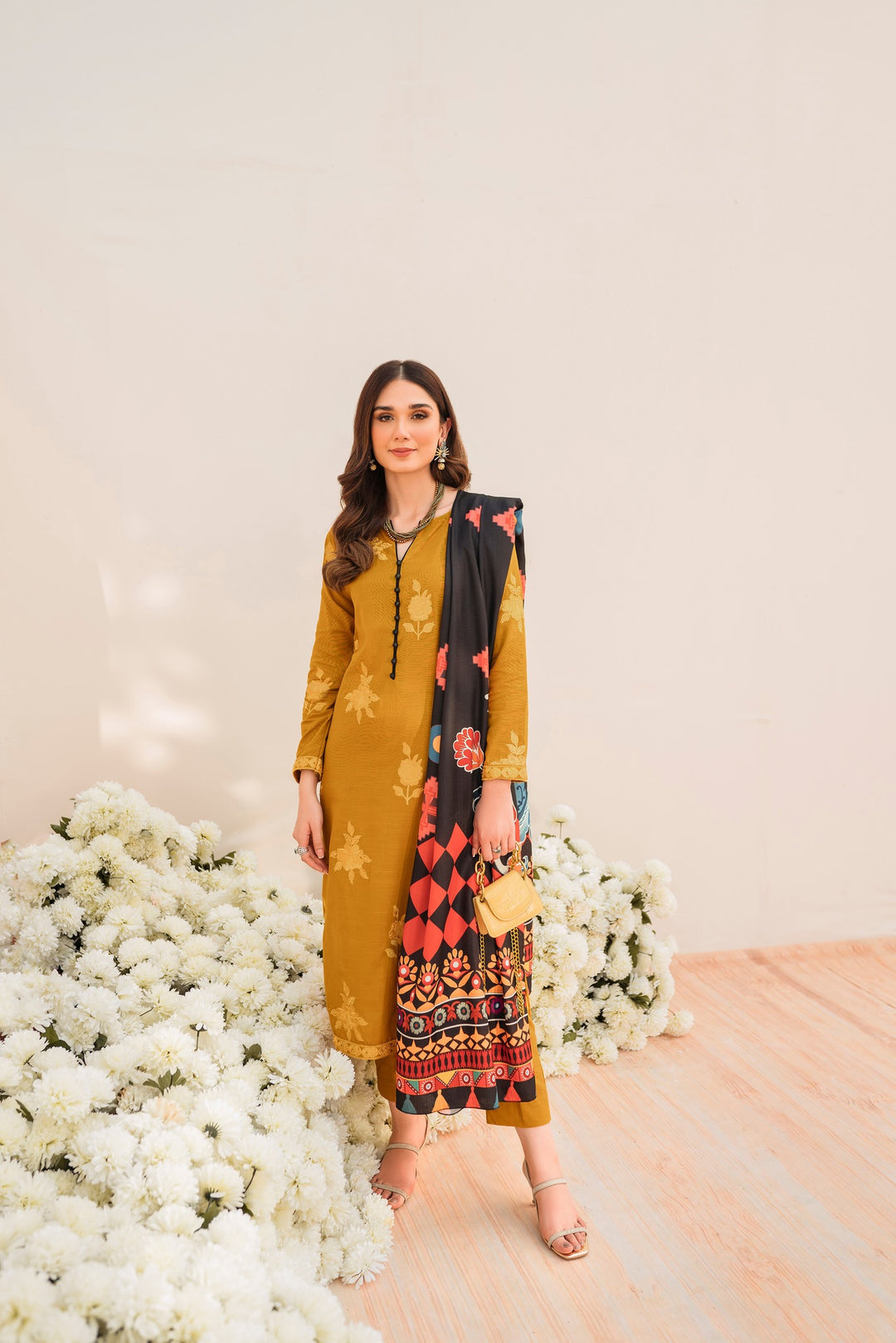 PRINTED KHADDAR STITCHED 3 PIECE DRESS