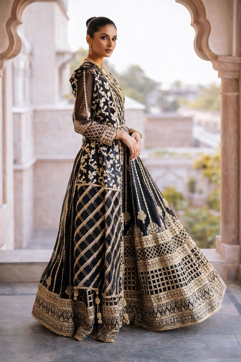 Black Organza Flared Maxi Set with Straight Grip Trousers & Dupatta