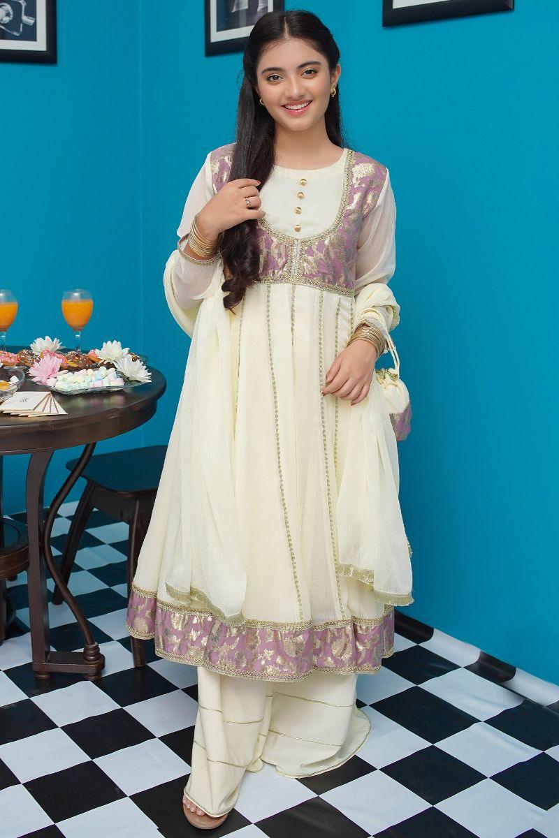 KIDS CHIFFON STITCHED 3 PIECE DRESS