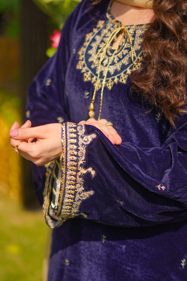 Opulent Navy Blue Velvet 3PC Ensemble with Gota & Zari Detailing