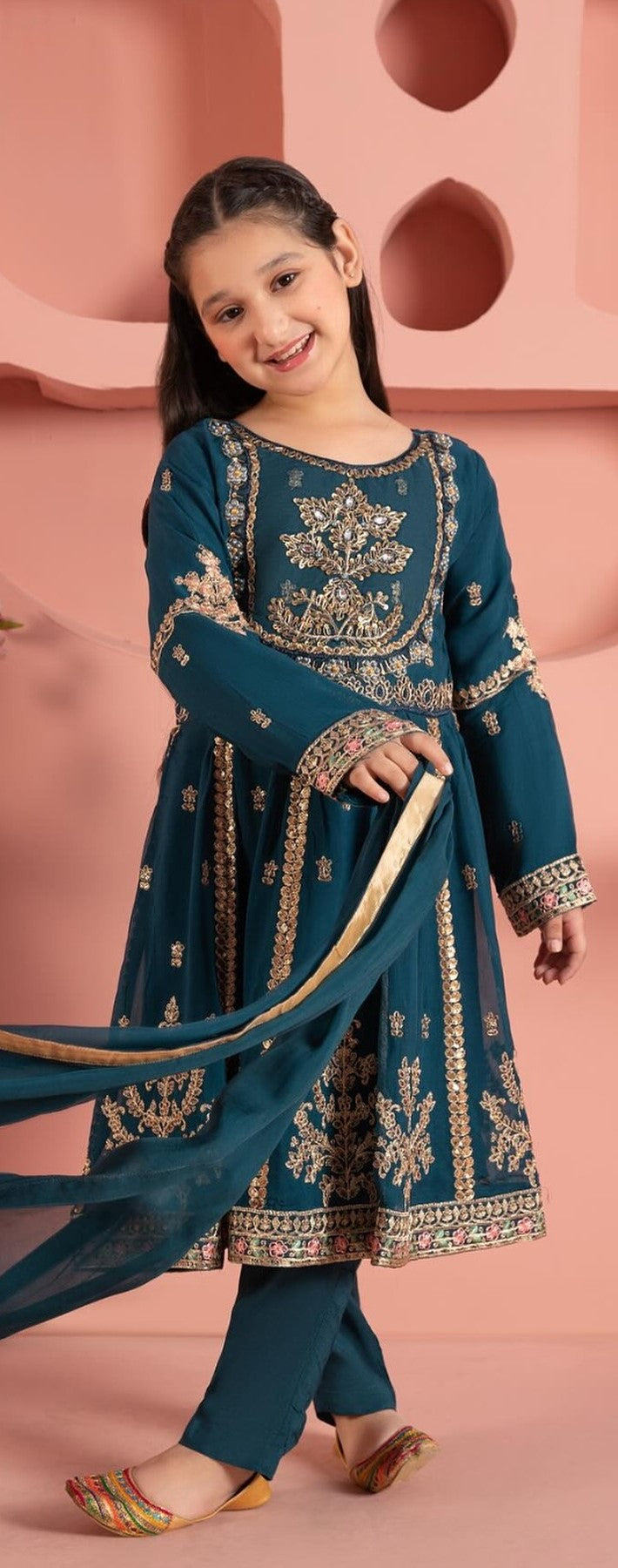 Teal Green Embroidered Chiffon Girls 3-Piece Suit with Gold Threadwork & Dupatta β Festive Wear