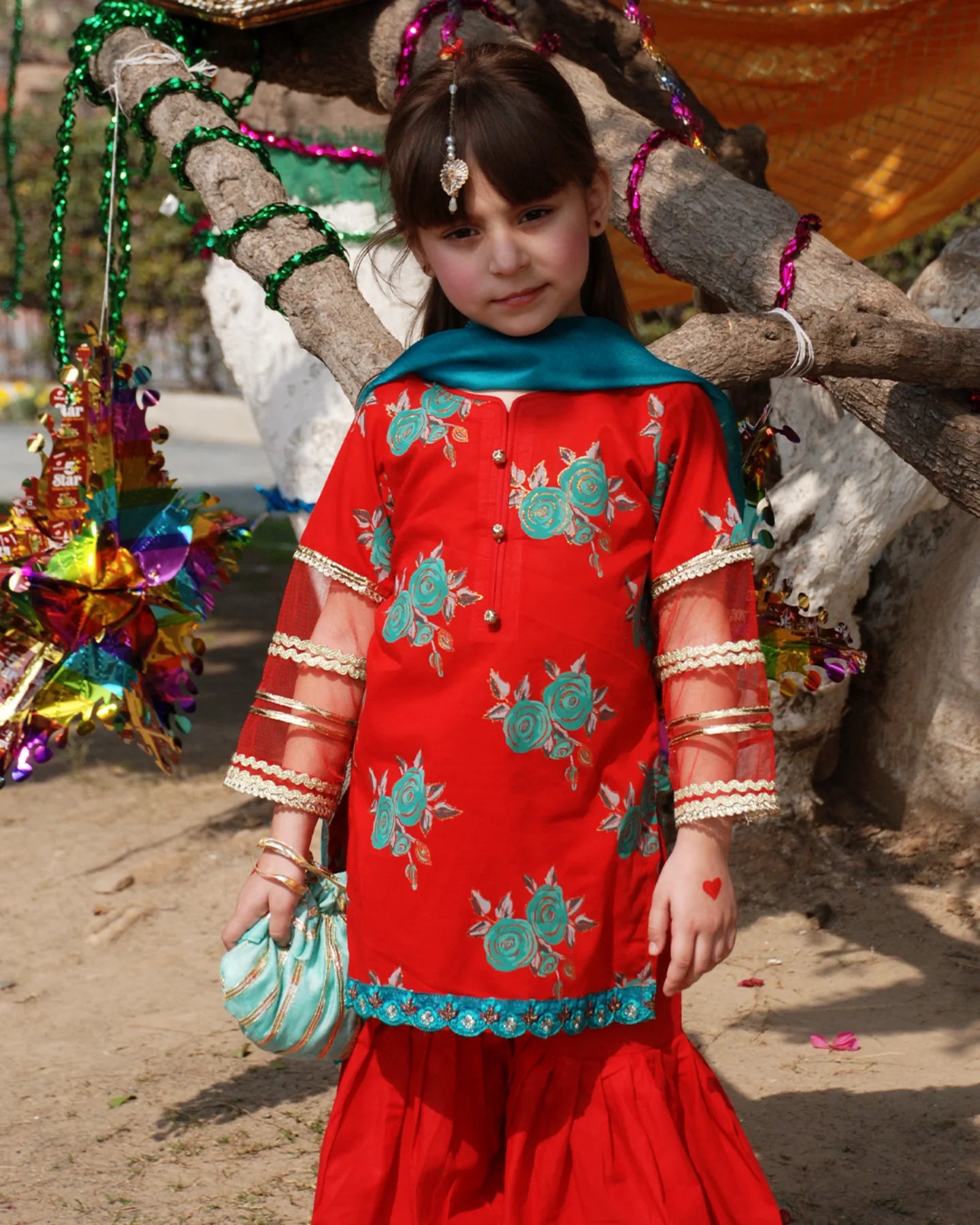 Festive Red & Teal Girls’ Traditional Outfit – Elegant Ethnic Wear for Kids