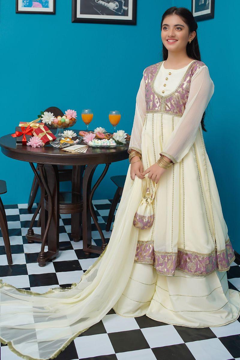 KIDS CHIFFON STITCHED 3 PIECE DRESS