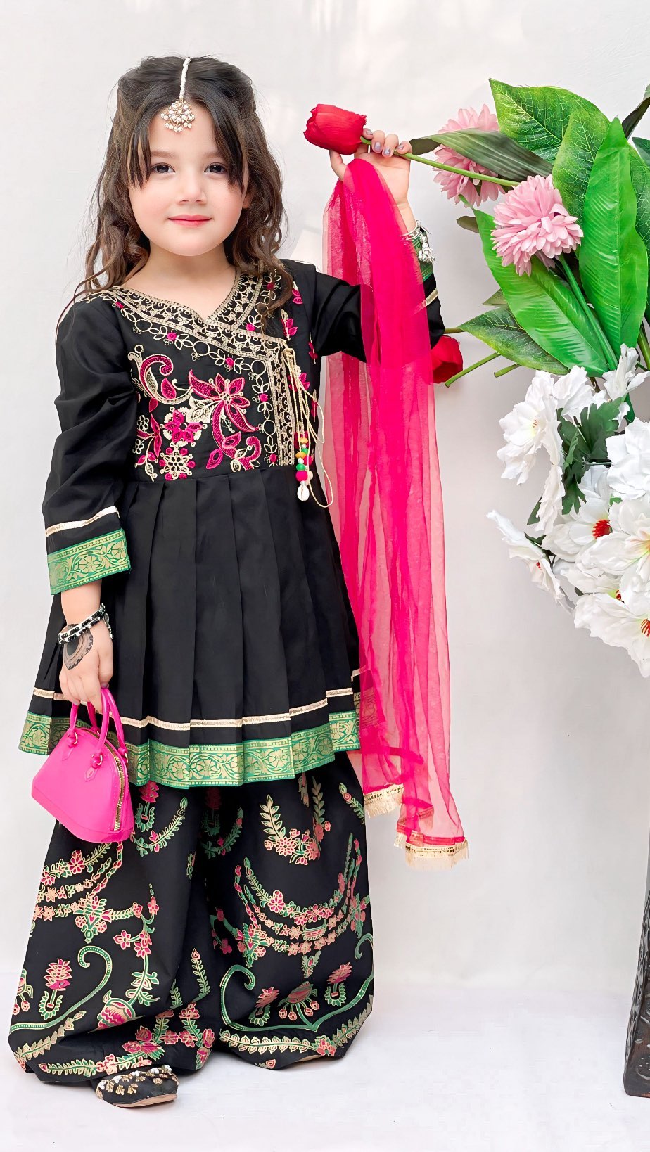 Black Embroidered Gharara with Pink Dupatta