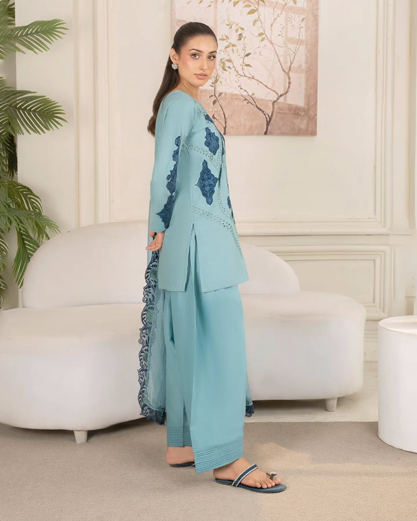 Breezy Powder Blue Embroidered 3-Piece Set with Organza Dupatta