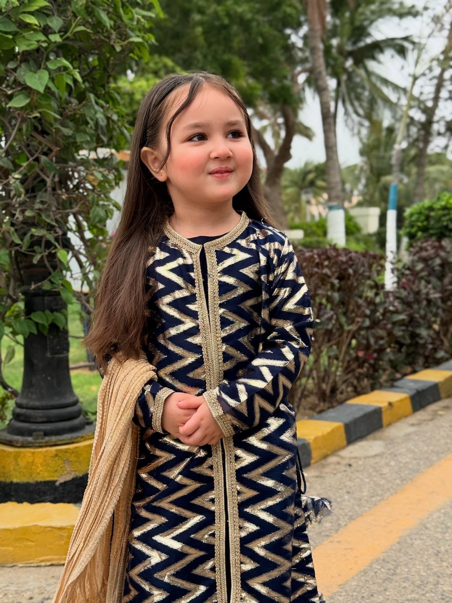 Navy Blue & Gold Embroidered Raw Silk Girls 3-Piece Traditional Suit with Organza Dupatta – Festive Wear”