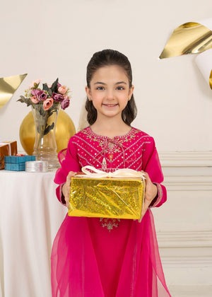 Fuchsia Raw Silk 3-Piece Set with Embroidered Long Kurta & Organza Dupatta