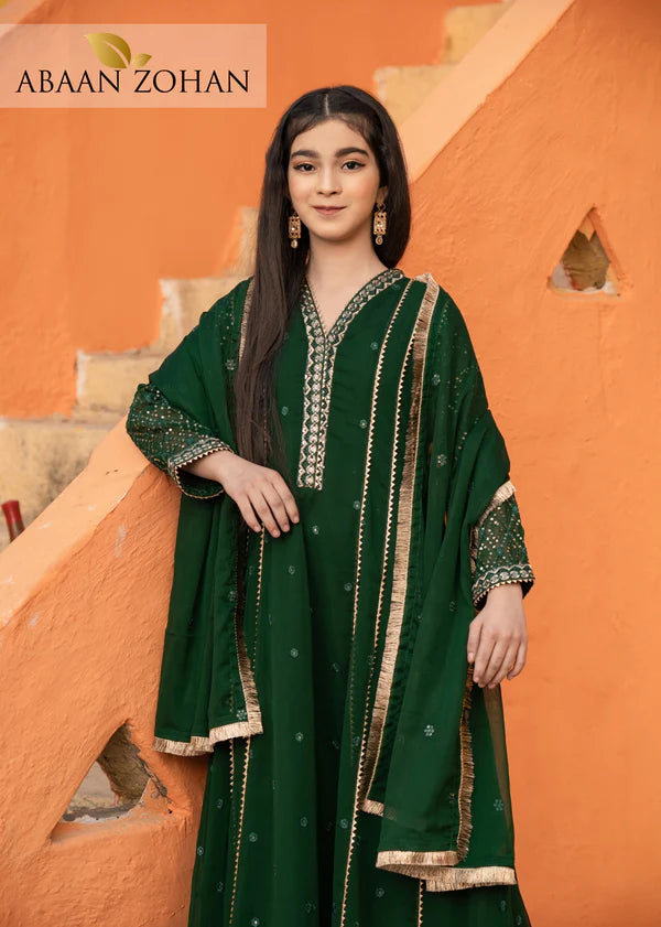 EMBROIDERED CHIFFON KIDS STITCHED 3 PIECE DRESS