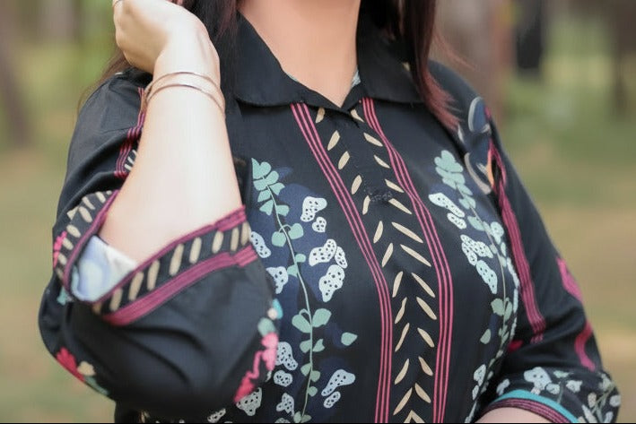 Black Digital Printed 2-Piece Suit with Floral Motifs