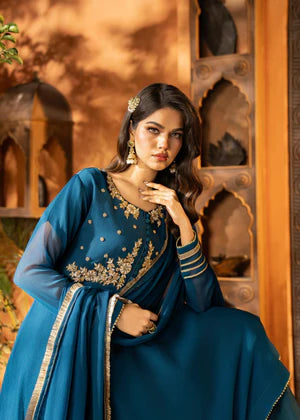 EMBROIDERED CHIFFON STITCHED 3 PIECE SHARARA DRESS