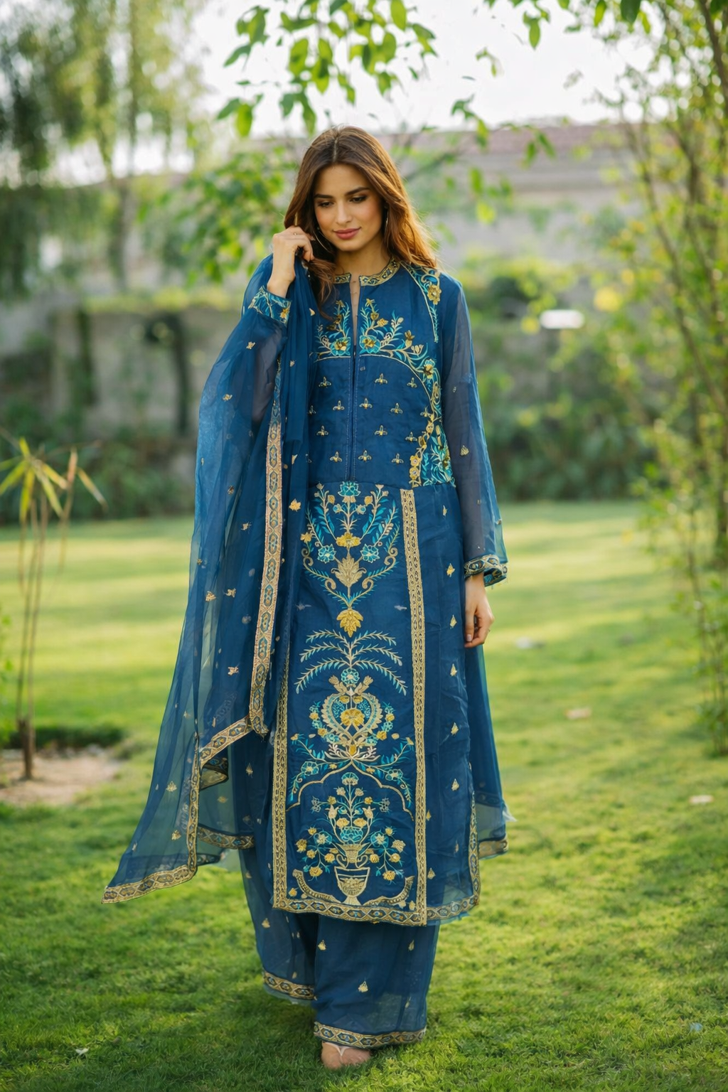 Royal Blue Embroidered Suit with Elegant Floral Design