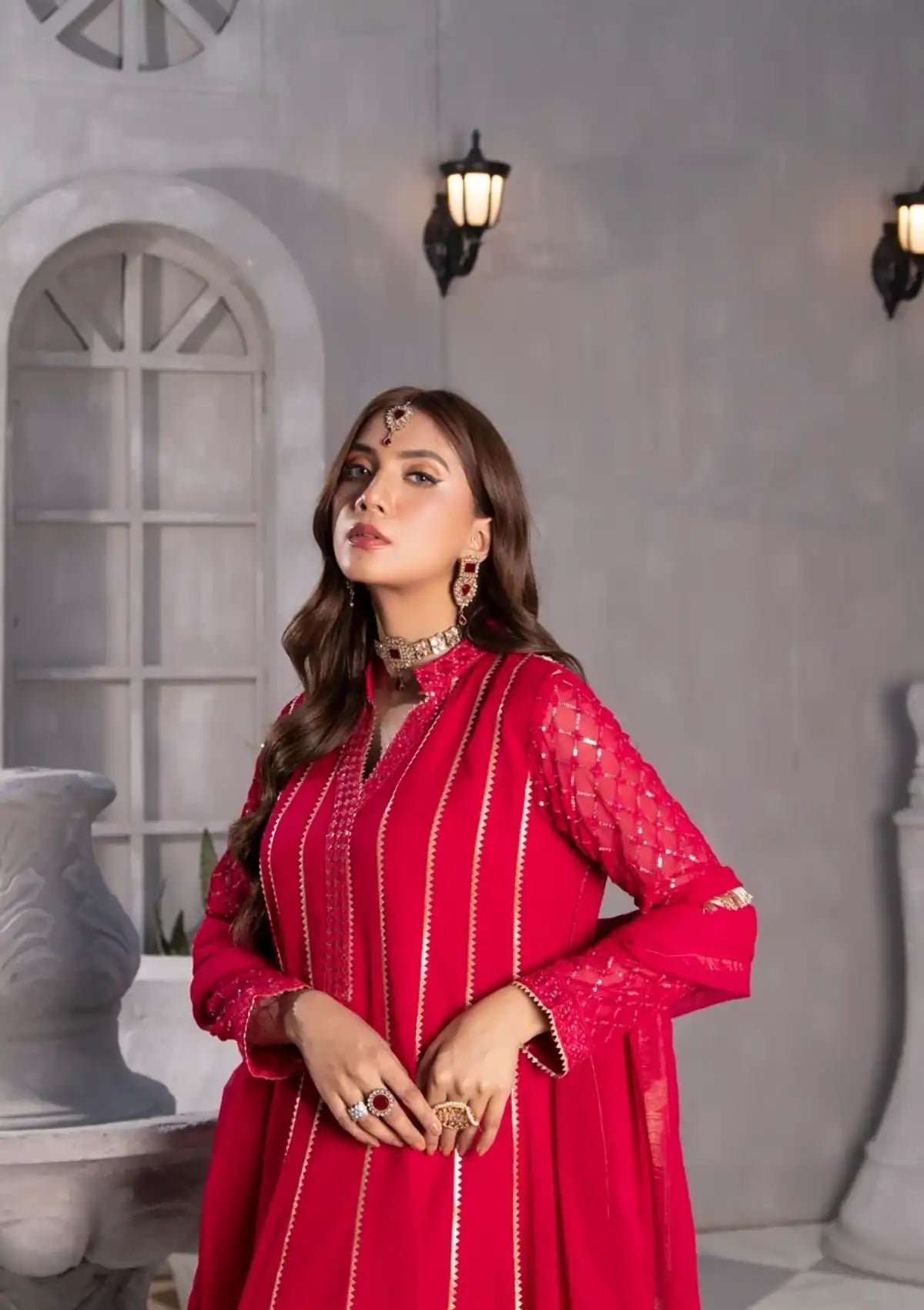 Luxury Red Anarkali Ensemble with Intricate Sleeve Embroidery & Flowing Dupatta