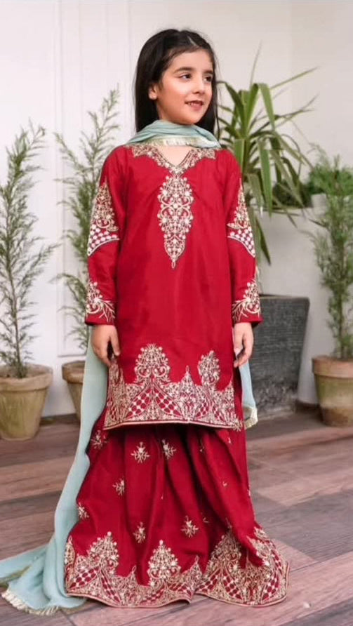 Crimson Royale β Festive Embroidered Kurta Sharara Set with Organza Dupatta