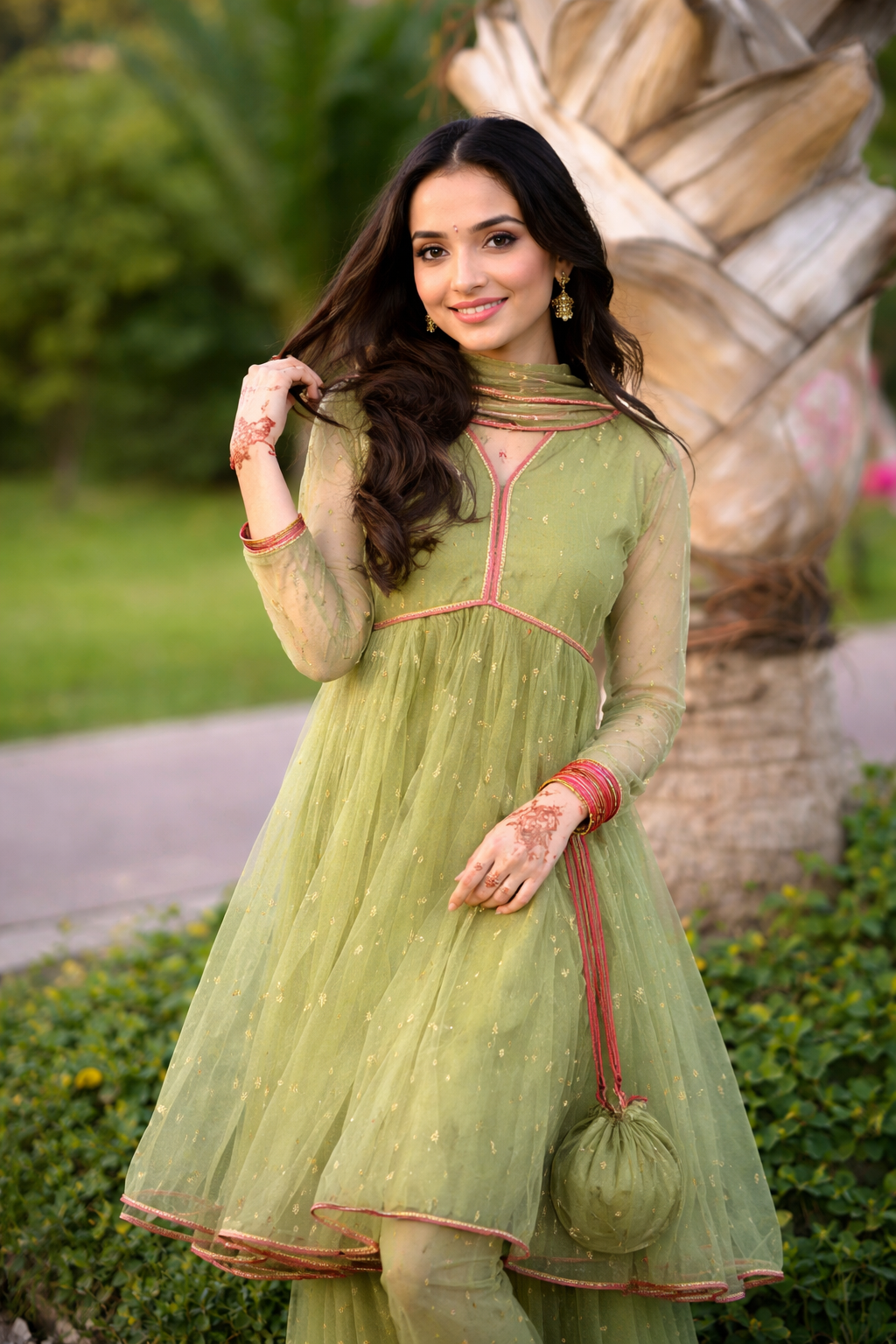 Pistachio Green Embroidered Net Long Kurta 3-Piece Set with Dupatta – Festive Wear