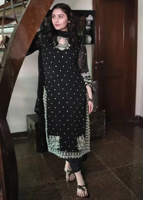 EMBROIDERED CHIFFON STITCHED 3 PIECE DRESS