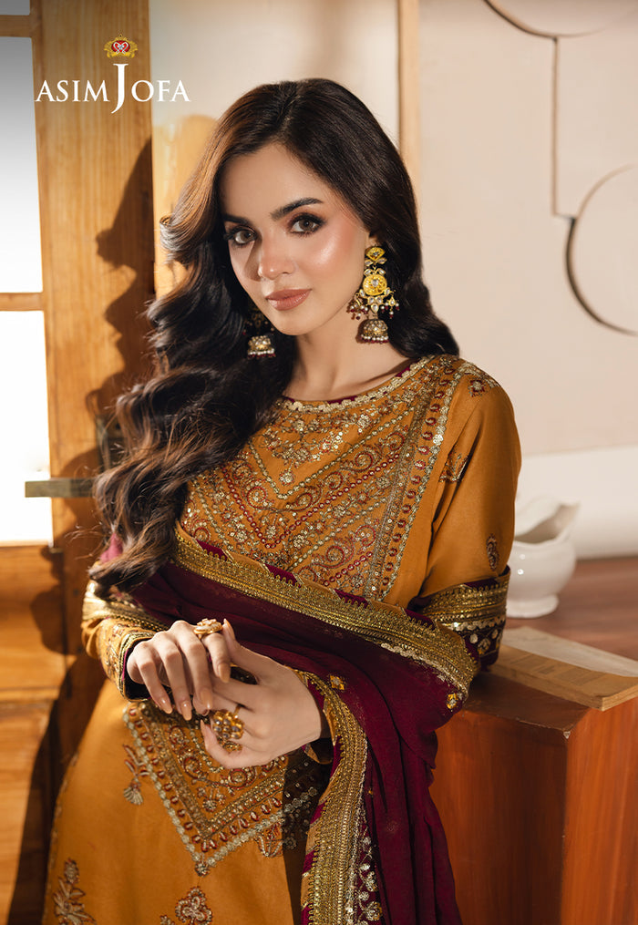 Mustard Custom Embroidered 3-Piece Set β Jumbo Silk Shirt, Chiffon Dupatta & Silk Pants