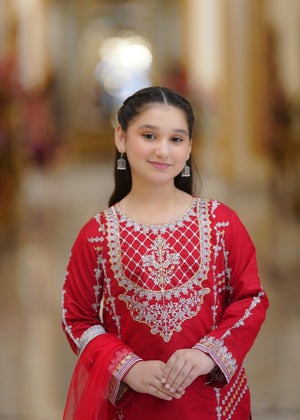 Hot Pink Embroidered Khaddi Net 3-Piece Girls Suit
