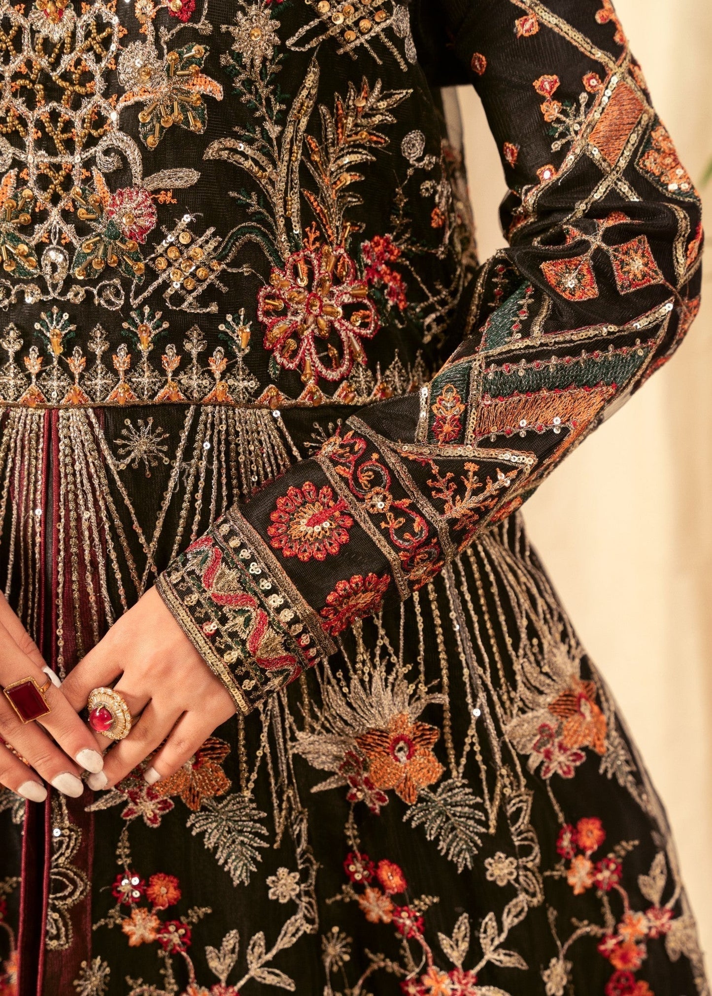 Maheen Black Embroidered Flared Maxi Set with Satin Trousers & Net Dupatta