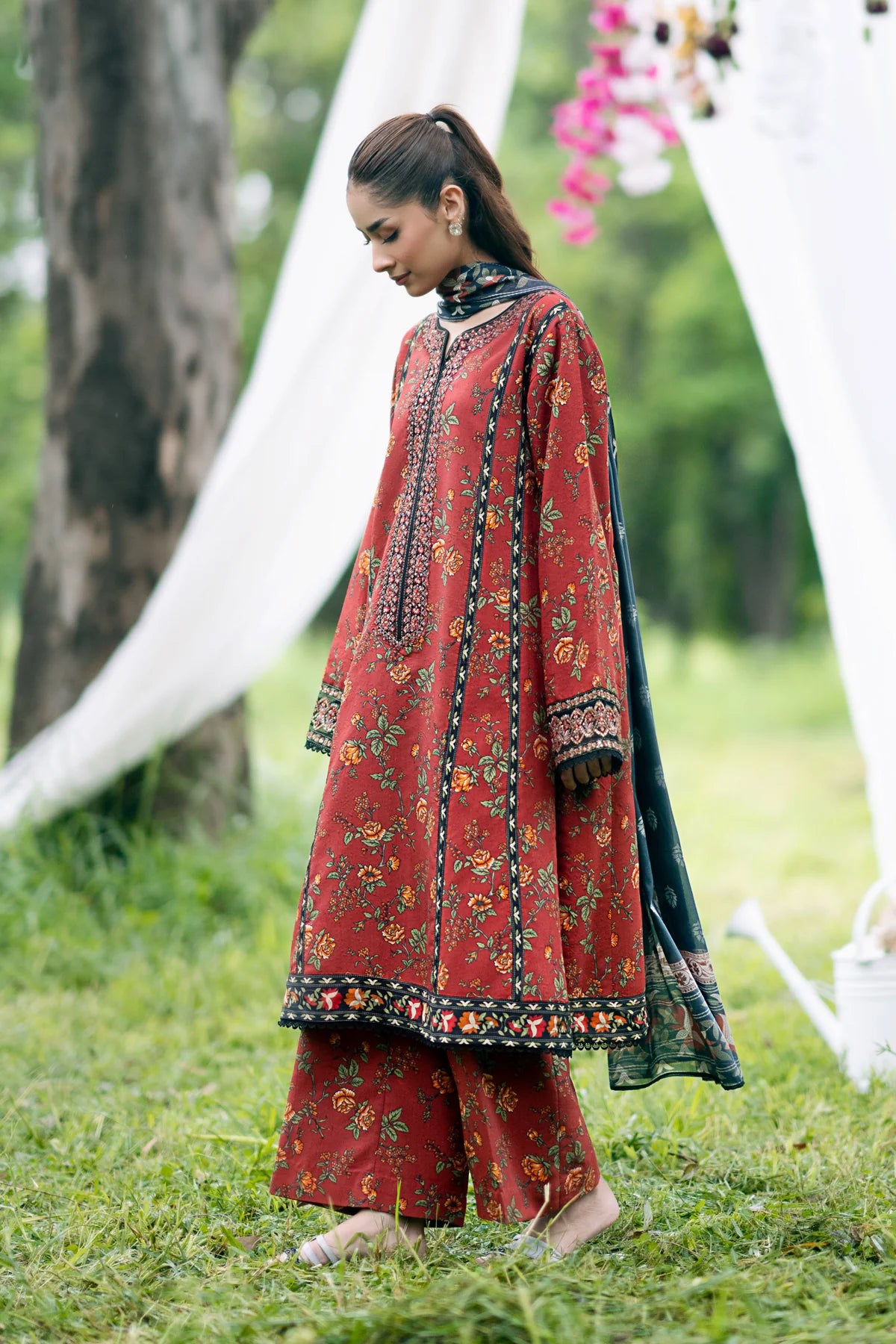 EMBROIDERED VISCOSE STITCHED 3 PIECE DRESS
