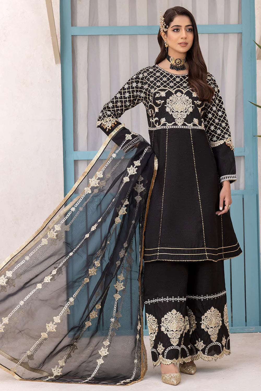 EMBROIDERED RAW SILK STITCHED 3 PIECE DRESS
