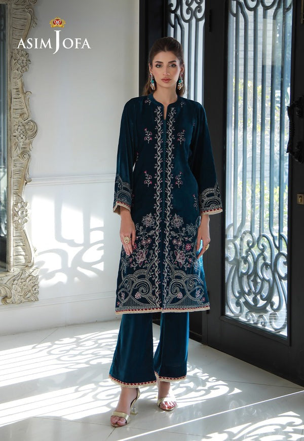 Ocean-Inspired Teal Velvet Outfit β Embroidered Shirt & Plain Lace Trouser