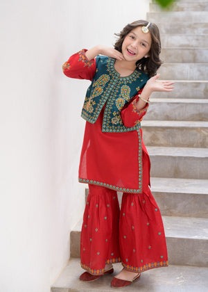 Red Embroidered Lawn Gharara Set with Flared Bottom & Outerwear – 3-Piece Festive Summer Wear
