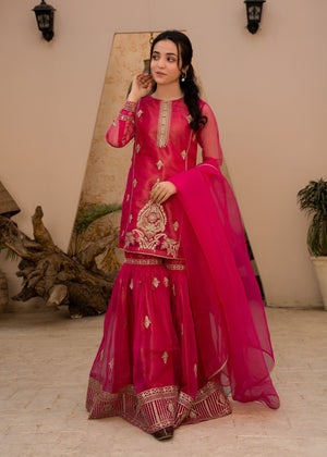 Pink Embroidered Organza Flared Gharara 3-Piece Girls Set