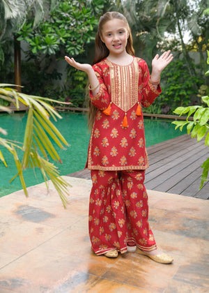 Red Embroidered Cotton Gharara Set – Festive Summer Wear (2-Piece)
