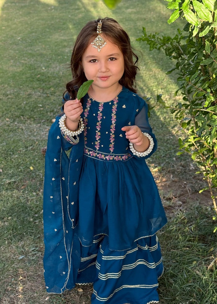 Blue Embroidered Chiffon Peplum Gharara 3-Piece Festive Suit