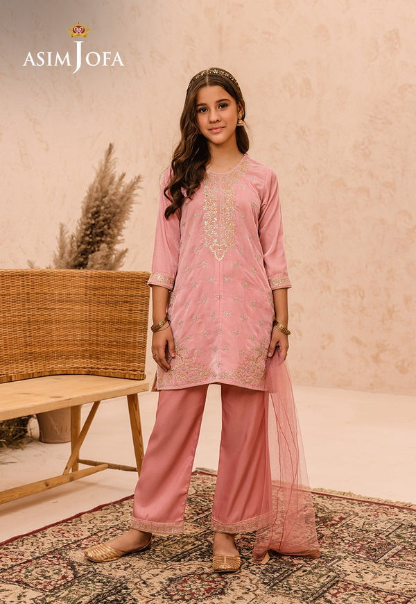 Light Peach Velvet 3-Piece Ensemble with Raw Silk Trousers & Net Dupatta – Minimalistic Elegant Wear