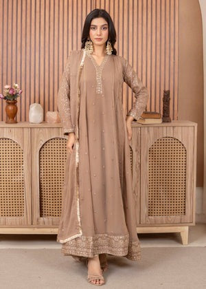 Camel Brown Embroidered Chiffon Flared Pishwas Maxi with Crepe Straight Trouser & Chiffon Dupatta