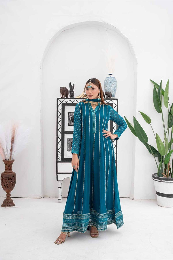 Chiffon Embroidered Maxi with Crepe Trouser & Chiffon Dupatta – All-Season Party Wear
